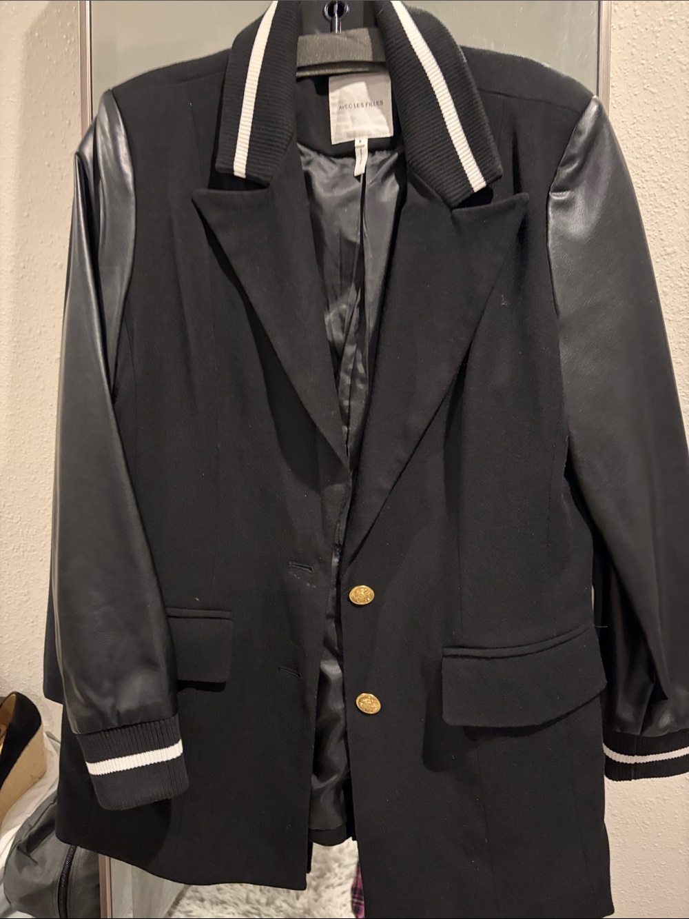 Avec Les Filles Black Mixed-Media Varsity Blazer with White Trim